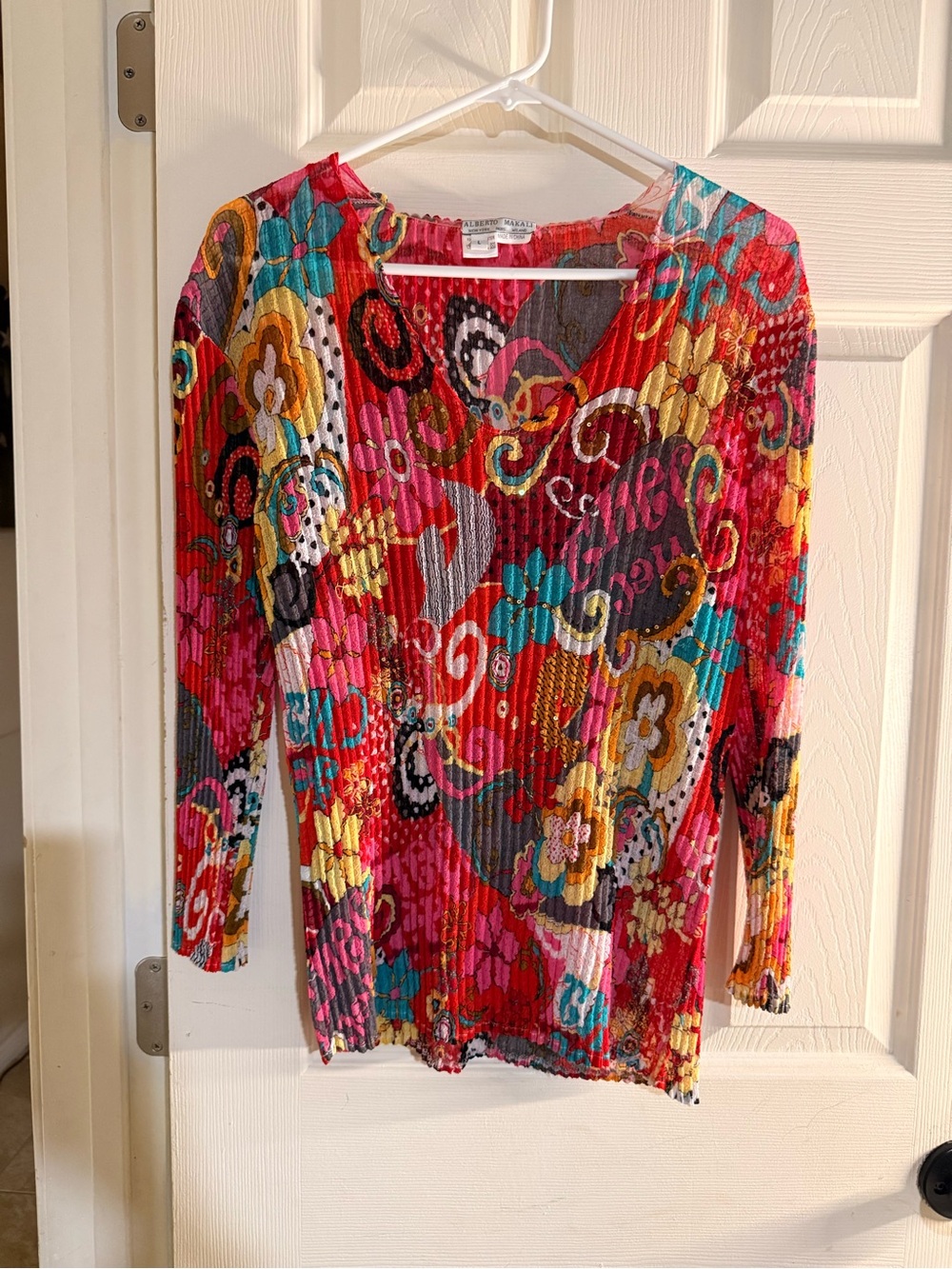 Alberto Makali Vintage Y2K Crinkle Plisse Sequin Floral Boho V-Neck Blouse L